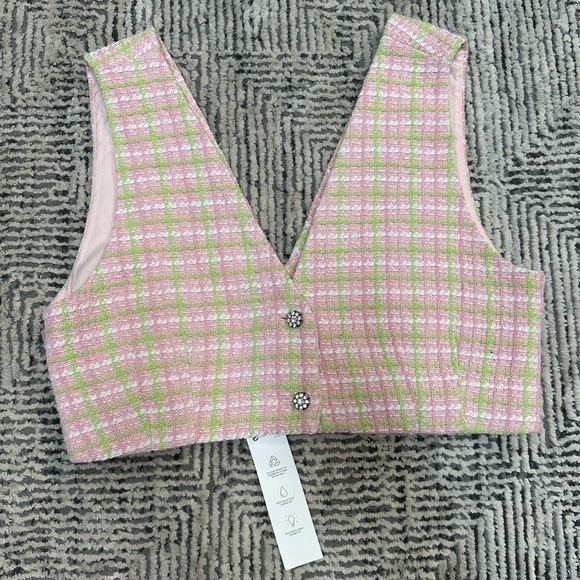 NEW | ZARA Cropped Tweed Waistcoat Blouse w/ Rhinestone Buttons | Women’s Size L - Picture 3 of 10